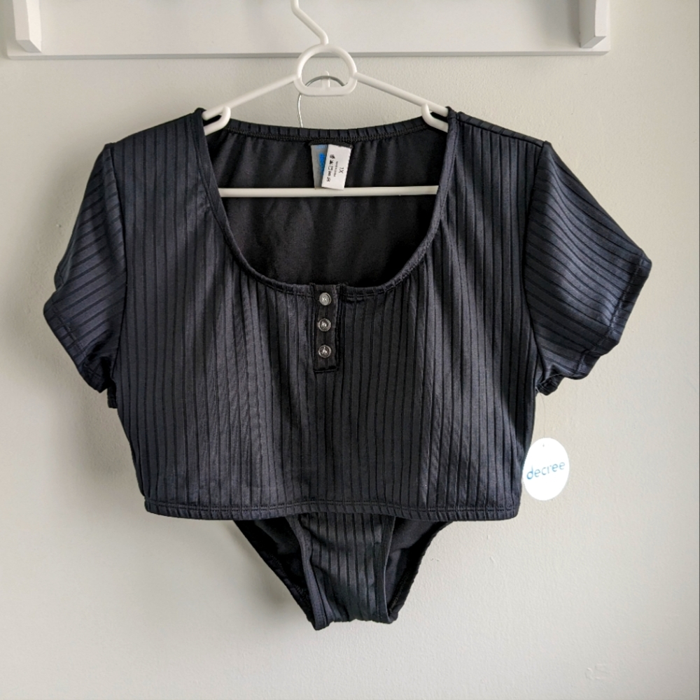 NWT Decree 2-Piece Ribbed Swimsuit - Short Sleeve Crop Top, High Waisted Bottom
